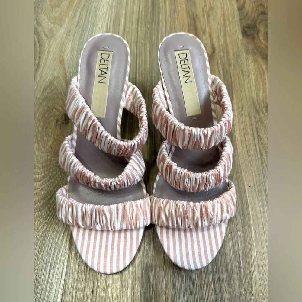 Deltan Dusty Pink Colette Stripe Three Band Dress Mules – Size 8M